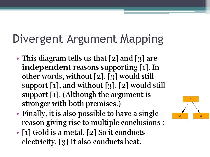 Divergent Argument Mapping • This diagram tells us that [2] and [3] are independent