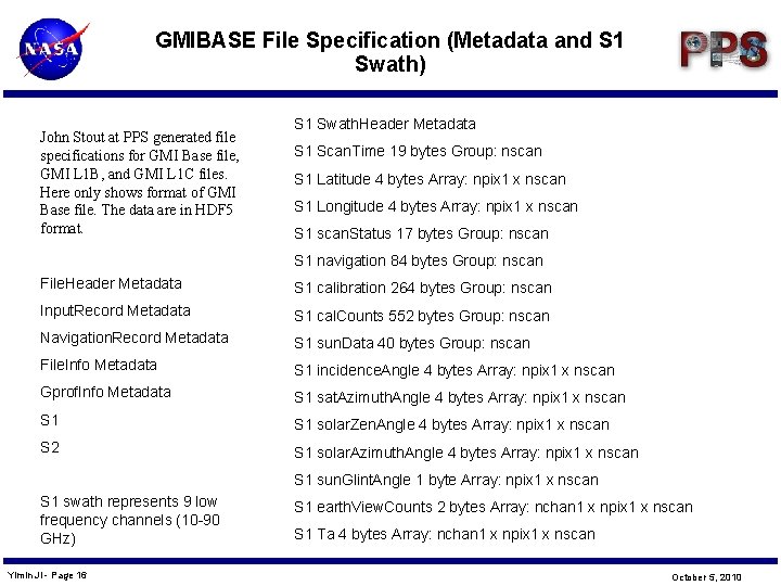 GMIBASE File Specification (Metadata and S 1 Swath) John Stout at PPS generated file