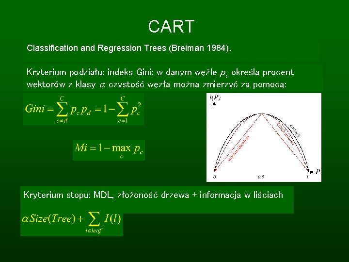 CART Classification and Regression Trees (Breiman 1984). Kryterium podziału: indeks Gini; w danym węźle