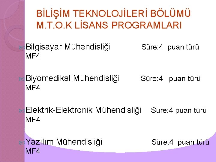 BİLİŞİM TEKNOLOJİLERİ BÖLÜMÜ M. T. O. K LİSANS PROGRAMLARI Bilgisayar Mühendisliği Süre: 4 puan