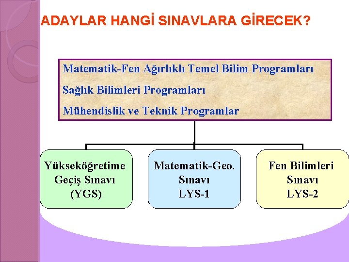 ADAYLAR HANGİ SINAVLARA GİRECEK? Matematik-Fen Ağırlıklı Temel Bilim Programları Sağlık Bilimleri Programları Mühendislik ve