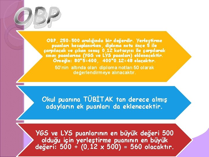 OBP OBP, 250 -500 aralığında bir değerdir. Yerleştirme puanları hesaplanırken, diploma notu önce 5