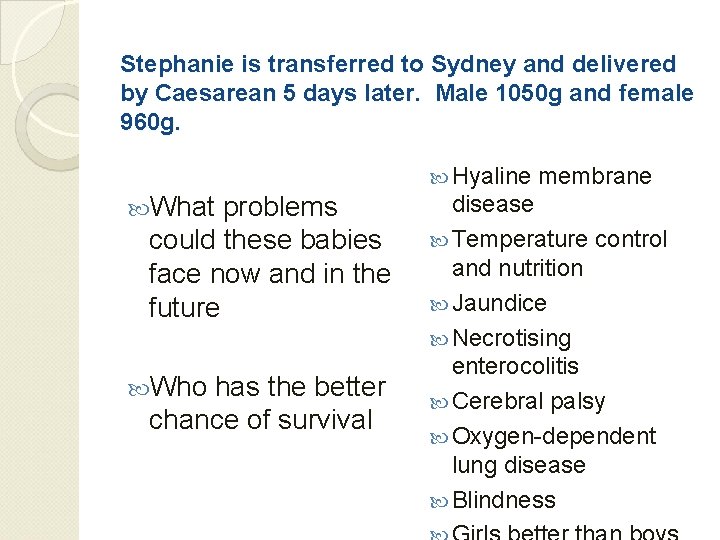 Stephanie is transferred to Sydney and delivered by Caesarean 5 days later. Male 1050