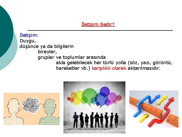 İletişim Nedir? İletişim: Duygu, düşünce ya da bilgilerin bireyler, gruplar ve toplumlar arasında akla