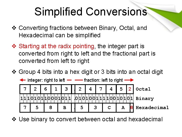 Simplified Conversions v Converting fractions between Binary, Octal, and Hexadecimal can be simplified v