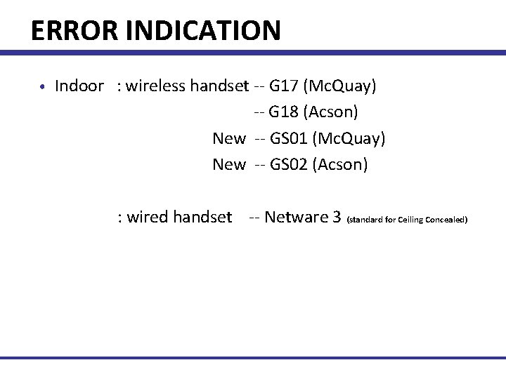 ERROR INDICATION • Indoor : wireless handset -- G 17 (Mc. Quay) -- G