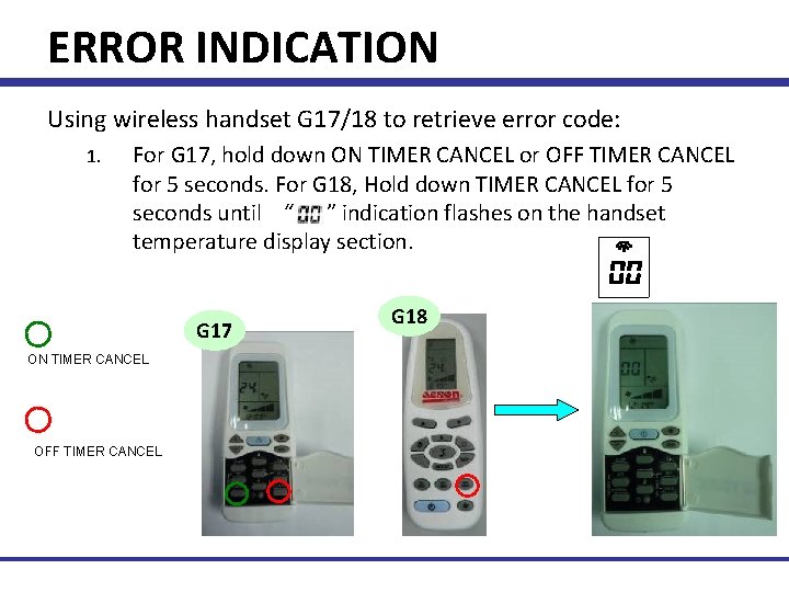 ERROR INDICATION Using wireless handset G 17/18 to retrieve error code: 1. For G