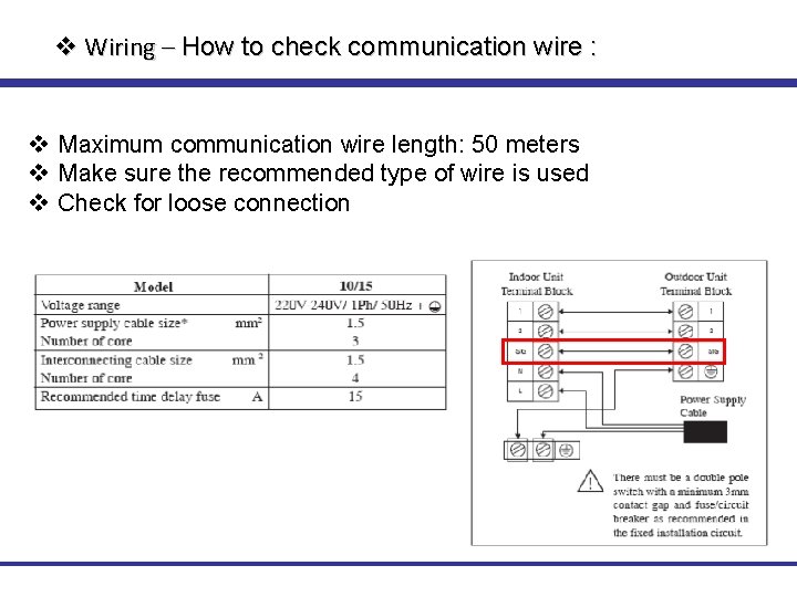 v Wiring – How to check communication wire : v Maximum communication wire length: