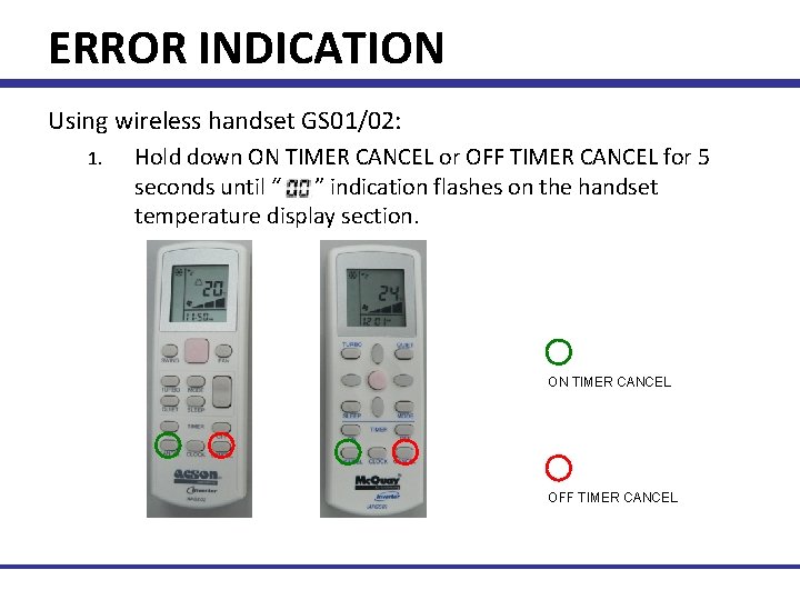 ERROR INDICATION Using wireless handset GS 01/02: 1. Hold down ON TIMER CANCEL or
