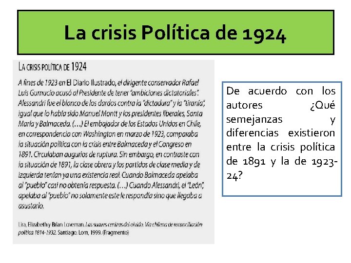 La crisis Política de 1924 De acuerdo con los autores ¿Qué semejanzas y diferencias