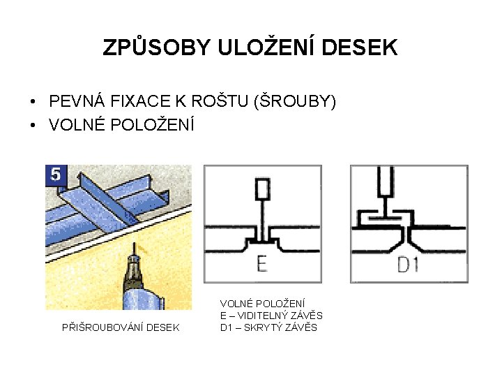 ZPŮSOBY ULOŽENÍ DESEK • PEVNÁ FIXACE K ROŠTU (ŠROUBY) • VOLNÉ POLOŽENÍ PŘIŠROUBOVÁNÍ DESEK