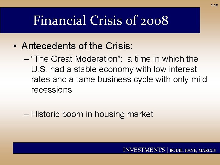 1 -15 Financial Crisis of 2008 • Antecedents of the Crisis: – “The Great