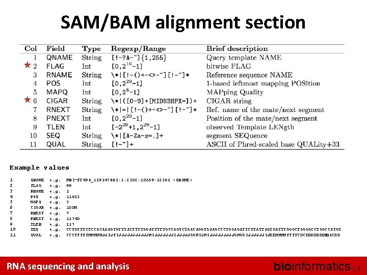 SAM/BAM alignment section Example values 1 2 3 4 5 6 7 8 9