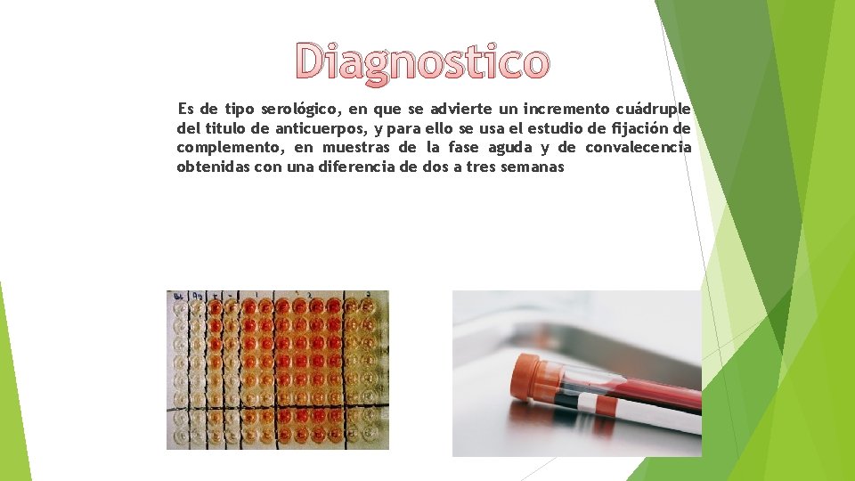 Diagnostico Es de tipo serológico, en que se advierte un incremento cuádruple del titulo