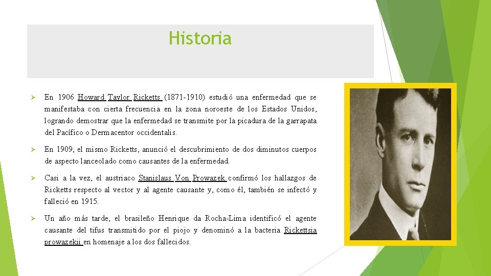 Historia Ø En 1906 Howard Taylor Ricketts (1871 -1910) estudió una enfermedad que se