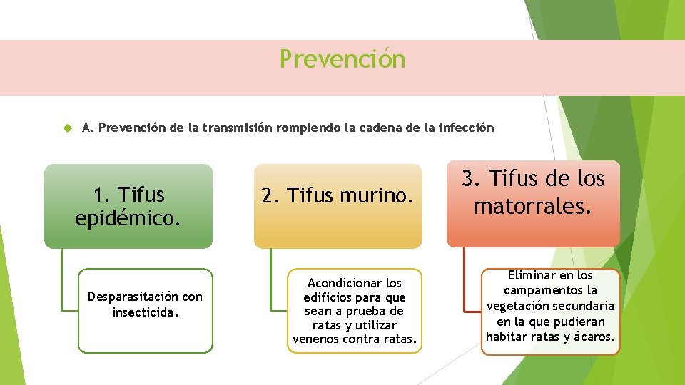 Prevención A. Prevención de la transmisión rompiendo la cadena de la infección 1. Tifus