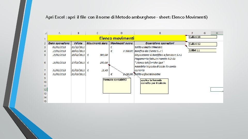Apri Excel : apri il file con il nome di Metodo amburghese - sheet: