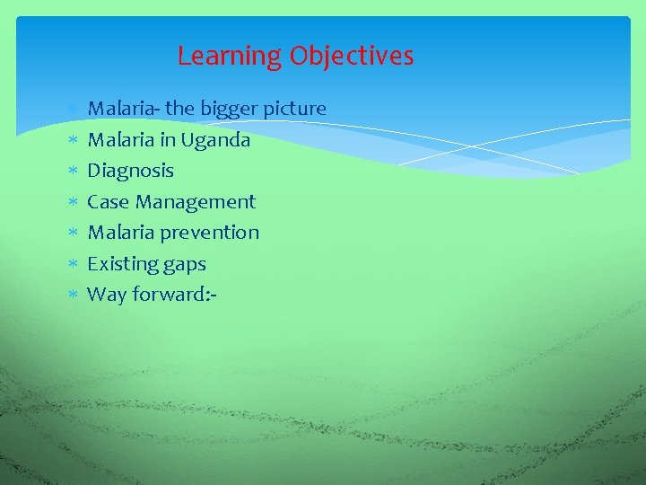Learning Objectives Malaria- the bigger picture Malaria in Uganda Diagnosis Case Management Malaria prevention