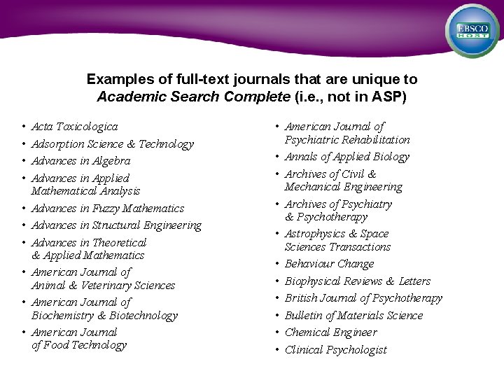 Examples of full-text journals that are unique to Academic Search Complete (i. e. ,