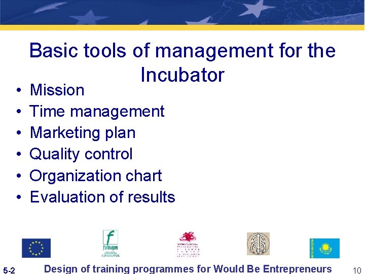  • • • 5 -2 Basic tools of management for the Incubator Mission