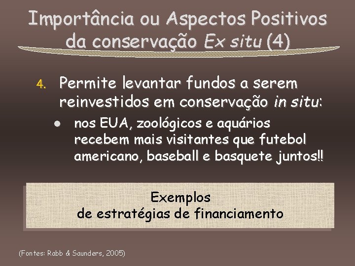 Importância ou Aspectos Positivos da conservação Ex situ (4) 4. Permite levantar fundos a