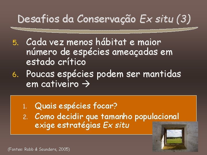 Desafios da Conservação Ex situ (3) 5. 6. Cada vez menos hábitat e maior
