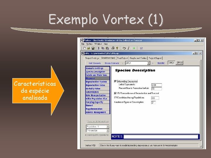 Exemplo Vortex (1) Características da espécie analisada 