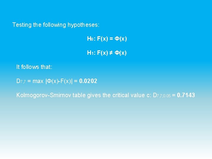 Testing the following hypotheses: H 0: F(x) = Φ(x) H 1: F(x) ≠ Φ(x)