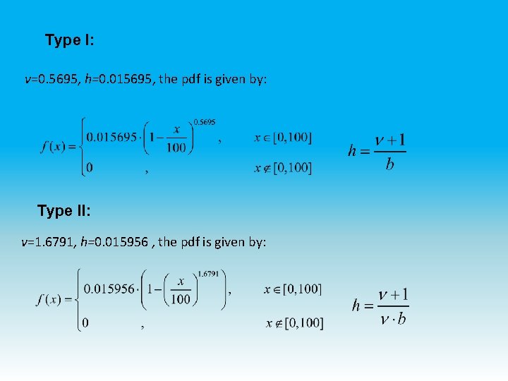 Type Ι: ν=0. 5695, h=0. 015695, the pdf is given by: Type ΙI: ν=1. Type Ι: ν=0. 5695, h=0. 015695, the pdf is given by: Type ΙI: ν=1.