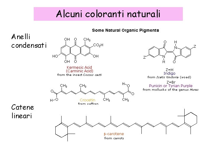 Alcuni coloranti naturali Anelli condensati Catene lineari 