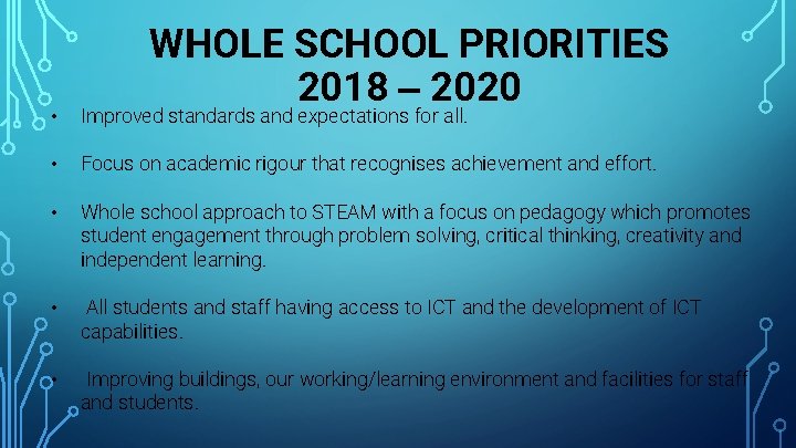 WHOLE SCHOOL PRIORITIES 2018 – 2020 • Improved standards and expectations for all. •