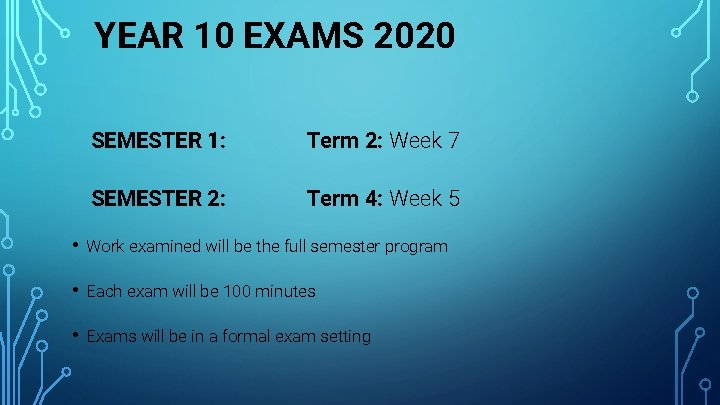 YEAR 10 EXAMS 2020 SEMESTER 1: Term 2: Week 7 SEMESTER 2: Term 4: