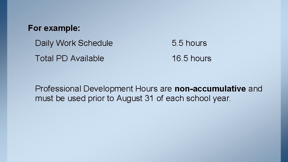 For example: Daily Work Schedule 5. 5 hours Total PD Available 16. 5 hours