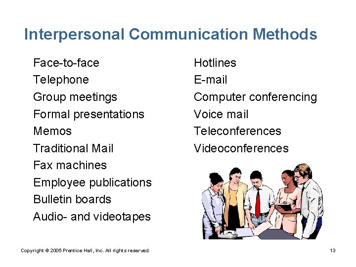 Interpersonal Communication Methods • • • Face-to-face Telephone Group meetings Formal presentations Memos Traditional