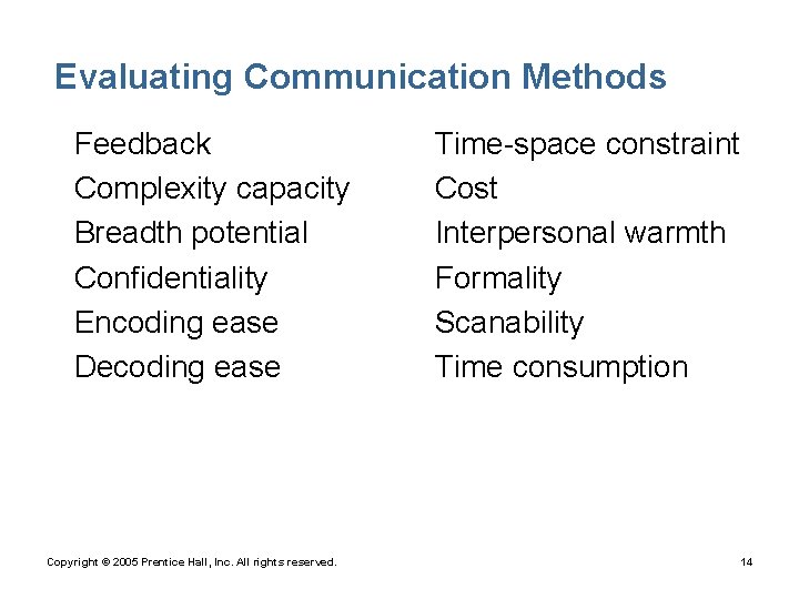 Evaluating Communication Methods • Feedback • Complexity capacity • Breadth potential • Confidentiality •