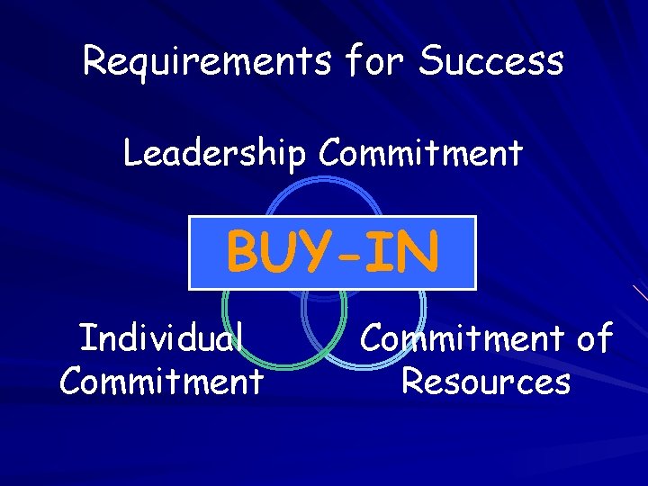 Requirements for Success Leadership Commitment BUY-IN Individual Commitment of Resources 