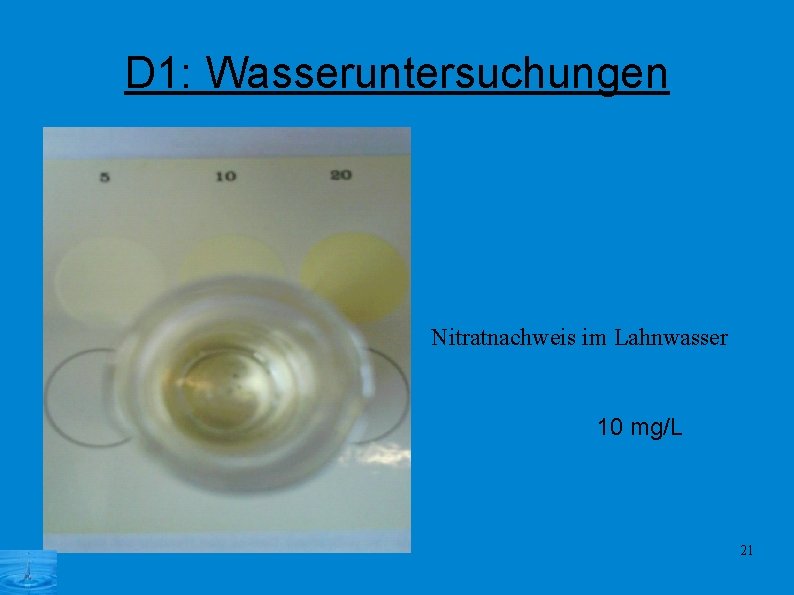 D 1: Wasseruntersuchungen Nitratnachweis im Lahnwasser 10 mg/L 21 