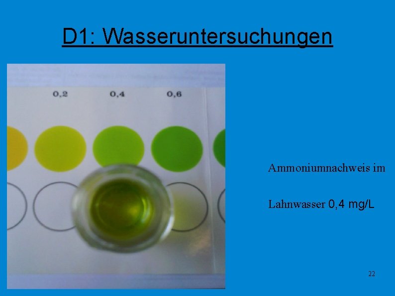 D 1: Wasseruntersuchungen Ammoniumnachweis im Lahnwasser 0, 4 mg/L 22 