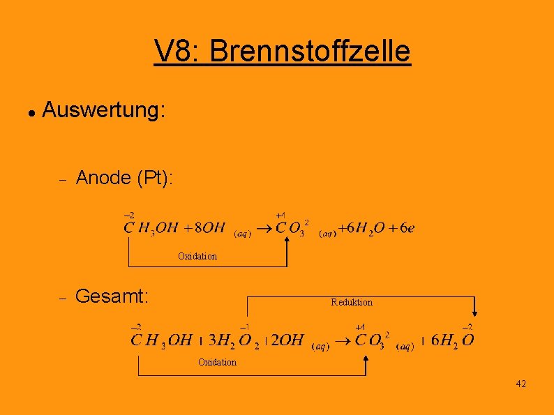 V 8: Brennstoffzelle Auswertung: Anode (Pt): Oxidation Gesamt: Reduktion Oxidation 42 