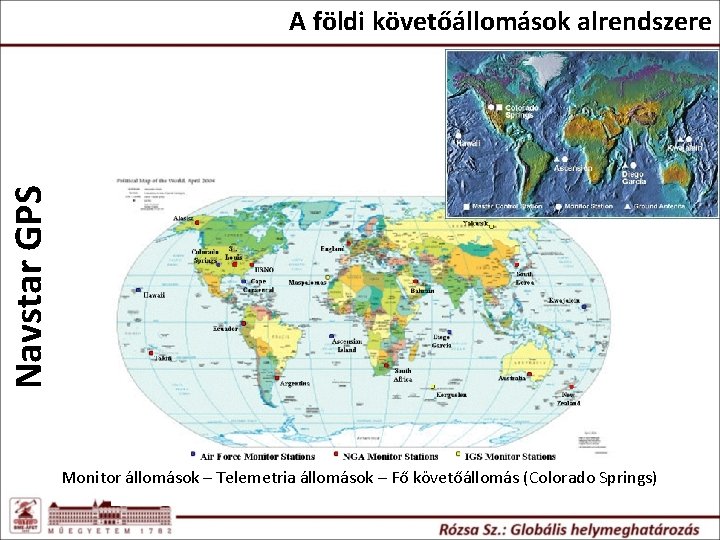 Navstar GPS A földi követőállomások alrendszere Monitor állomások – Telemetria állomások – Fő követőállomás Navstar GPS A földi követőállomások alrendszere Monitor állomások – Telemetria állomások – Fő követőállomás