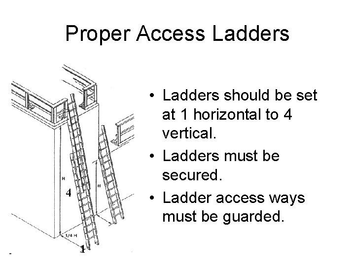 Proper Access Ladders • Ladders should be set at 1 horizontal to 4 vertical.