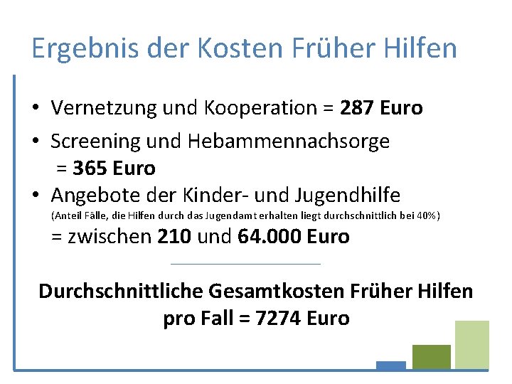 Ergebnis der Kosten Früher Hilfen • Vernetzung und Kooperation = 287 Euro • Screening