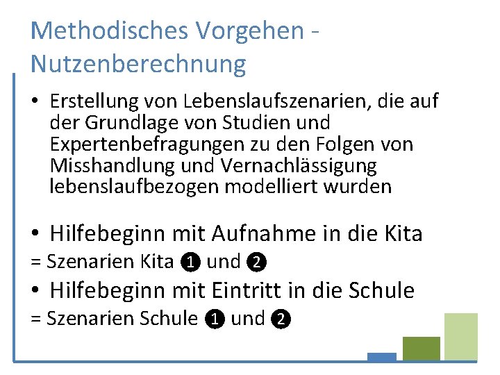 Methodisches Vorgehen - Nutzenberechnung • Erstellung von Lebenslaufszenarien, die auf der Grundlage von Studien