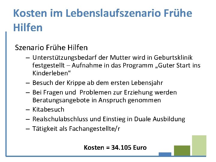 Kosten im Lebenslaufszenario Frühe Hilfen Szenario Frühe Hilfen – Unterstützungsbedarf der Mutter wird in