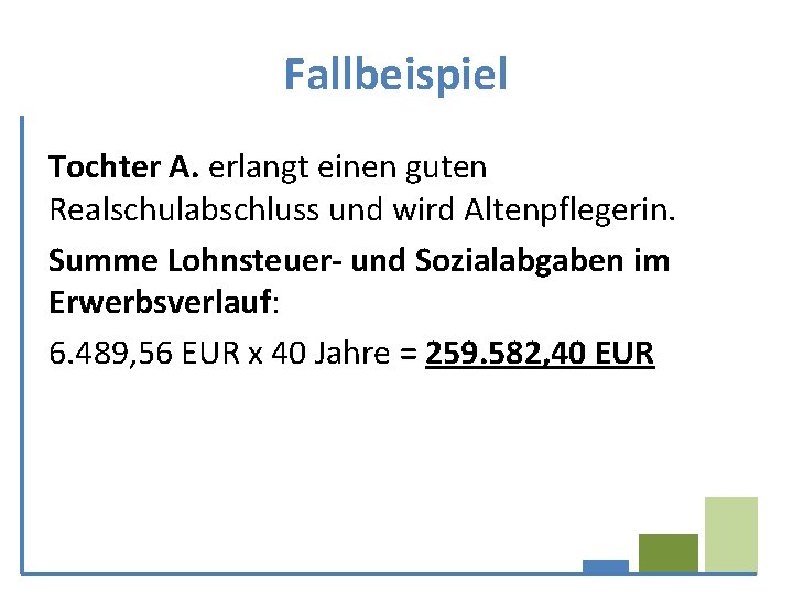 Fallbeispiel Tochter A. erlangt einen guten Realschulabschluss und wird Altenpflegerin. Summe Lohnsteuer- und Sozialabgaben