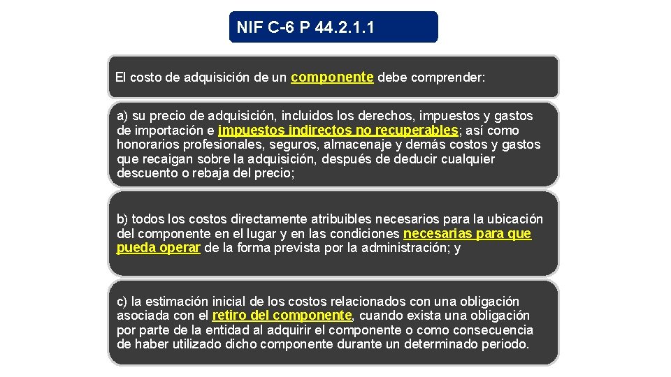 NIF C-6 P 44. 2. 1. 1 El costo de adquisición de un componente