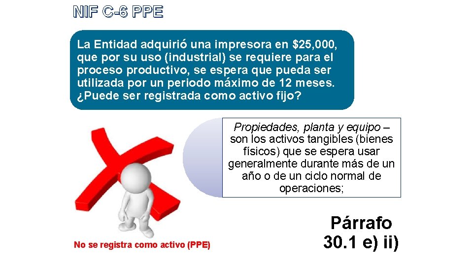 NIF C-6 PPE La Entidad adquirió una impresora en $25, 000, que por su