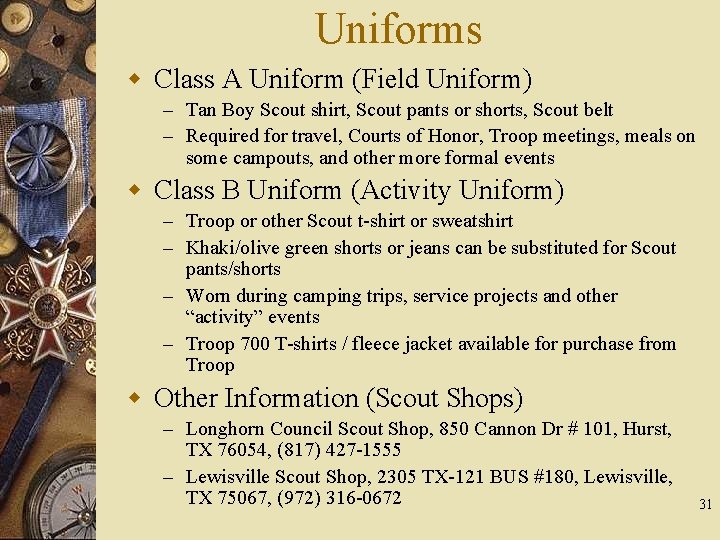 Uniforms w Class A Uniform (Field Uniform) – Tan Boy Scout shirt, Scout pants
