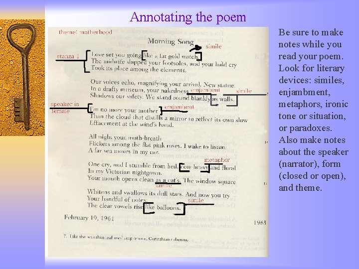 Annotating the poem Be sure to make notes while you read your poem. Look