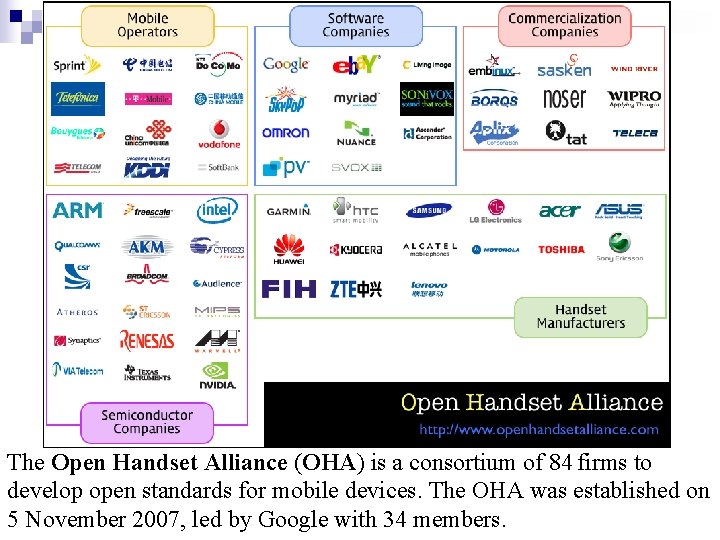 The Open Handset Alliance (OHA) is a consortium of 84 firms to develop open